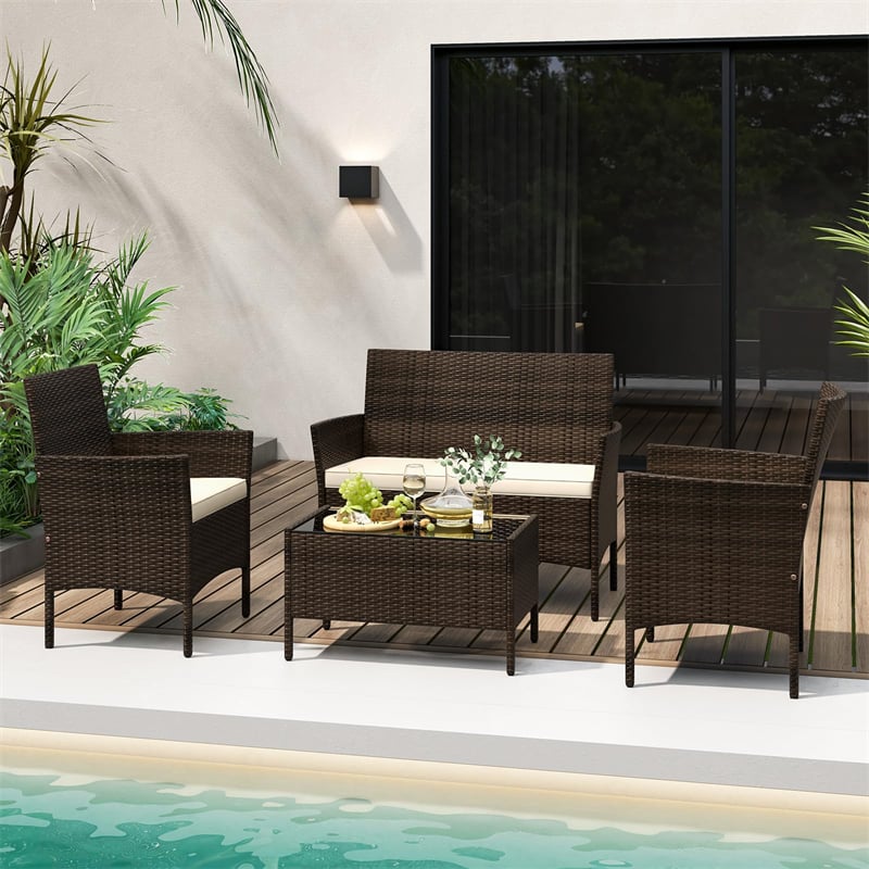 4PCS Patio Rattan Conversation Set Outdoor Garden Wicker Furniture Set with Loveseat Chair, Tempered Glass Coffee Table & Cushions
