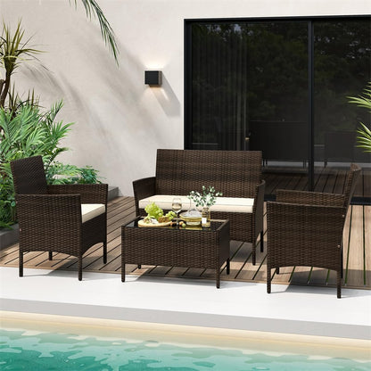 4PCS Patio Rattan Conversation Set Outdoor Garden Wicker Furniture Set with Loveseat Chair, Tempered Glass Coffee Table & Cushions