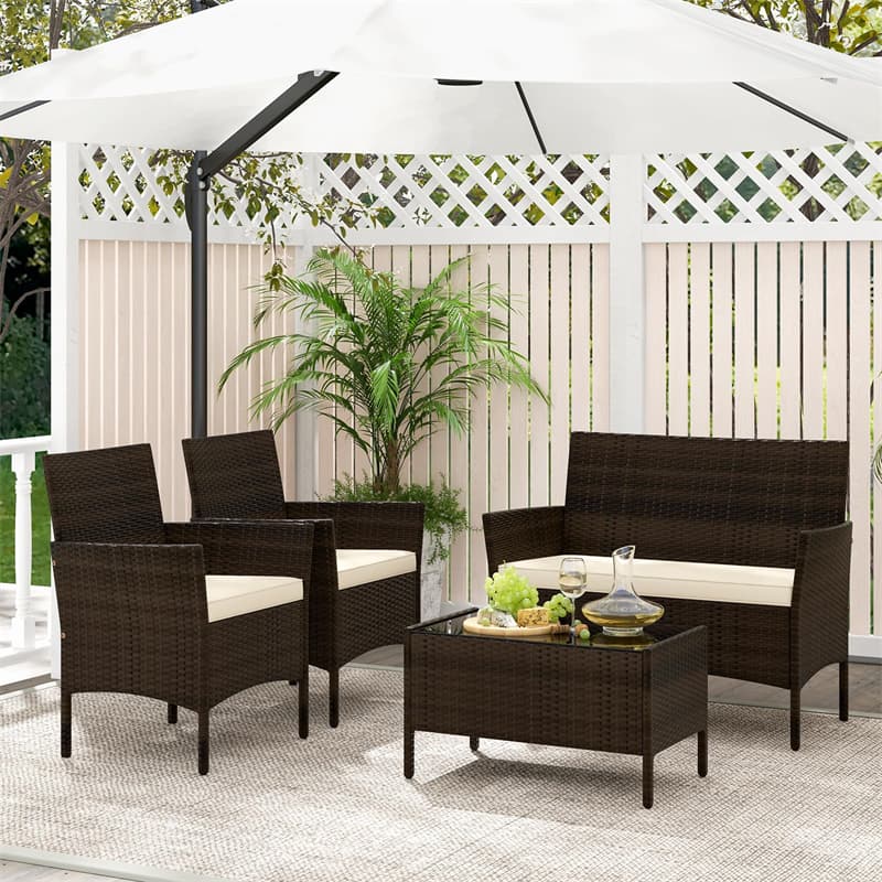 4PCS Patio Rattan Conversation Set Outdoor Garden Wicker Furniture Set with Loveseat Chair, Tempered Glass Coffee Table & Cushions