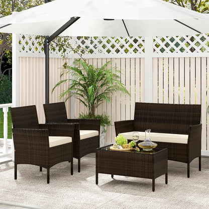 4PCS Patio Rattan Conversation Set Outdoor Garden Wicker Furniture Set with Loveseat Chair, Tempered Glass Coffee Table & Cushions