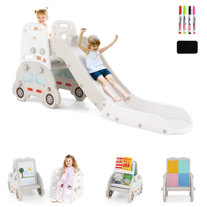 5-in-1 Toddler Slide & Climber Set, Convertible Kids Art Easel with Stool, Book Rack & Building Block Board, Foldable Indoor Activity Center