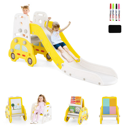 5-in-1 Toddler Slide & Climber Set, Convertible Kids Art Easel with Stool, Book Rack & Building Block Board, Foldable Indoor Activity Center