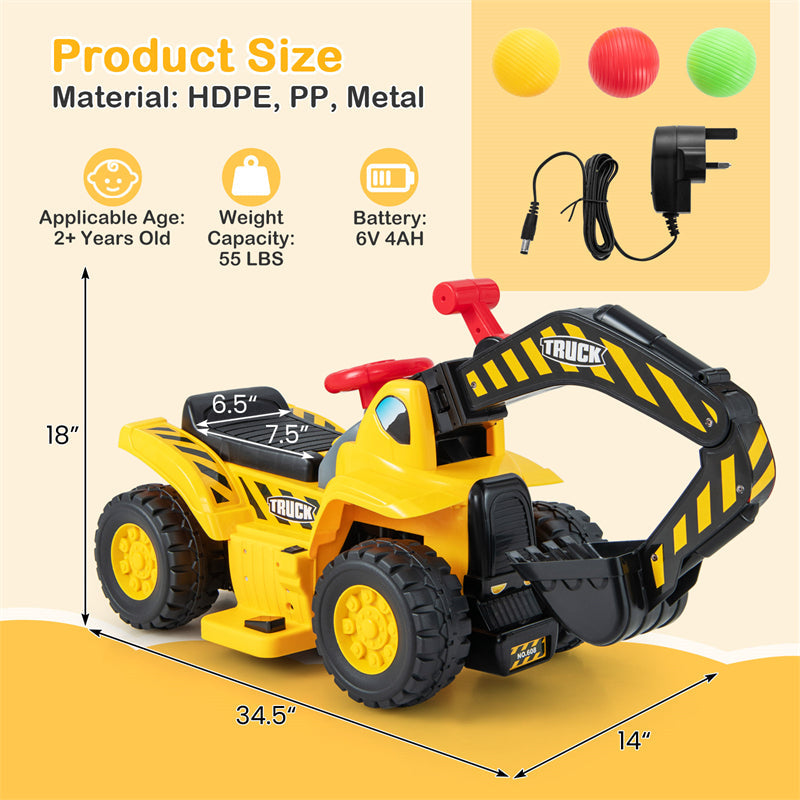 6V Battery Kids Ride On Excavator Toddler Bulldozer Digger Construction Vehicle with Folding Basketball Hoop & Underneath Storage