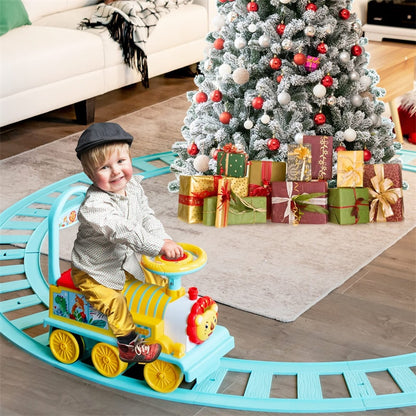 6V Electric Kids Ride On Train with Tracks, Storage Seat, Flashing Lights & Music, Battery Powered Ride-On Train Toy for Boys & Girls