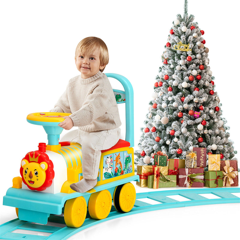 6V Electric Kids Ride On Train with Tracks, Storage Seat, Flashing Lights & Music, Battery Powered Ride-On Train Toy for Boys & Girls