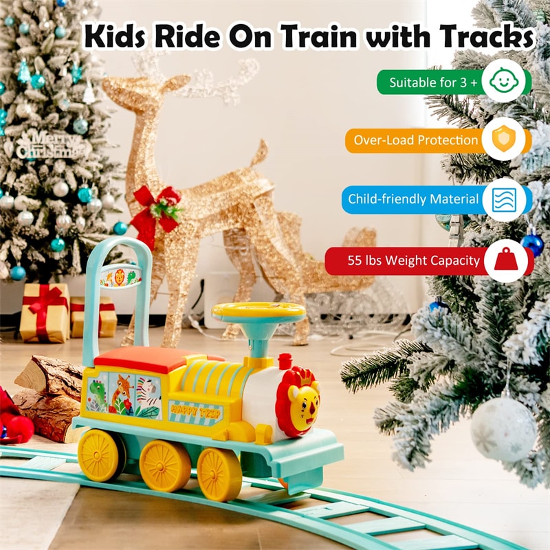 6V Electric Kids Ride On Train with Tracks, Storage Seat, Flashing Lights & Music, Battery Powered Ride-On Train Toy for Boys & Girls