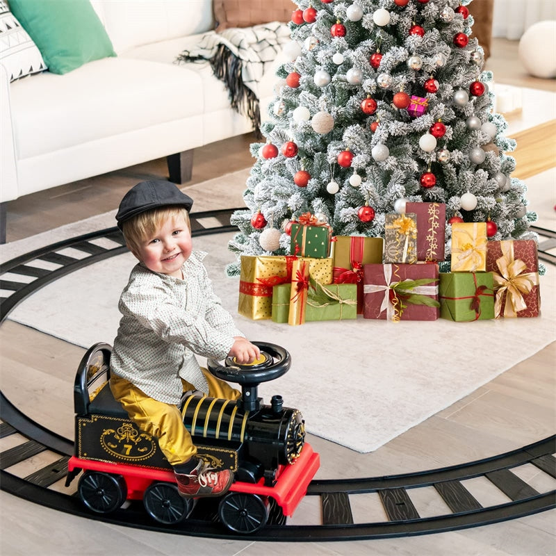6V Electric Kids Ride On Train with Tracks, Storage Seat, Flashing Lights & Music, Battery Powered Ride-On Train Toy for Boys & Girls