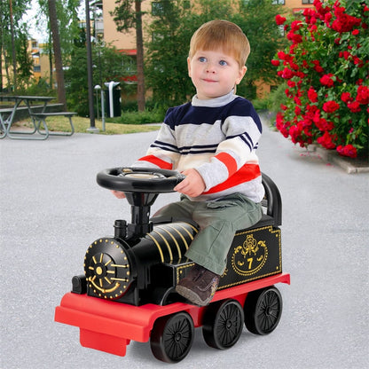 6V Electric Kids Ride On Train with Tracks, Storage Seat, Flashing Lights & Music, Battery Powered Ride-On Train Toy for Boys & Girls