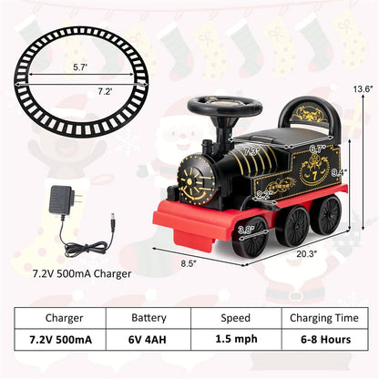 6V Electric Kids Ride On Train with Tracks, Storage Seat, Flashing Lights & Music, Battery Powered Ride-On Train Toy for Boys & Girls