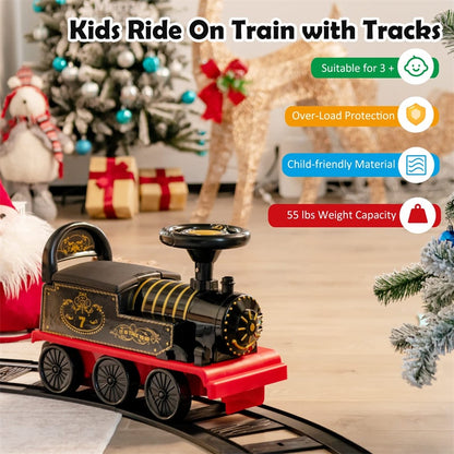 6V Electric Kids Ride On Train with Tracks, Storage Seat, Flashing Lights & Music, Battery Powered Ride-On Train Toy for Boys & Girls
