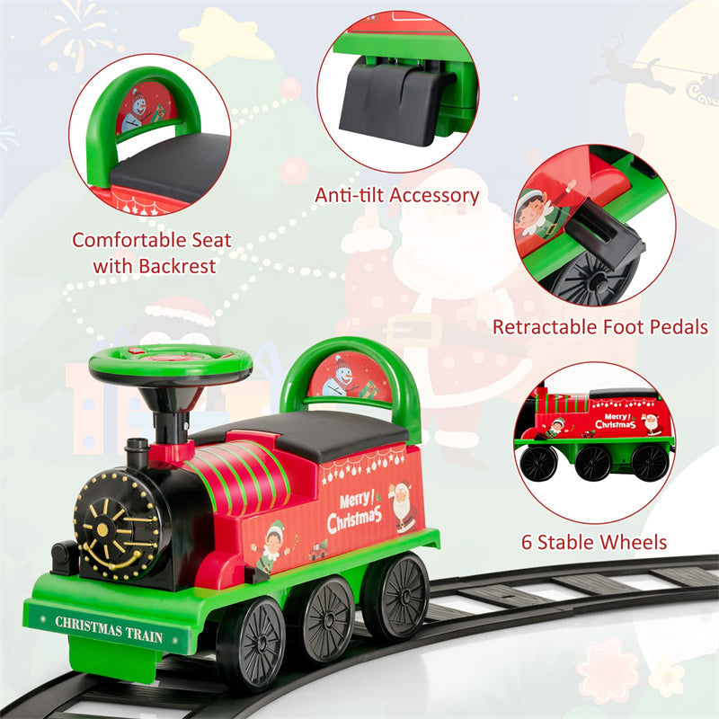 6V Electric Kids Ride On Train with Tracks, Storage Seat, Flashing Lights & Music, Battery Powered Ride-On Train Toy for Boys & Girls