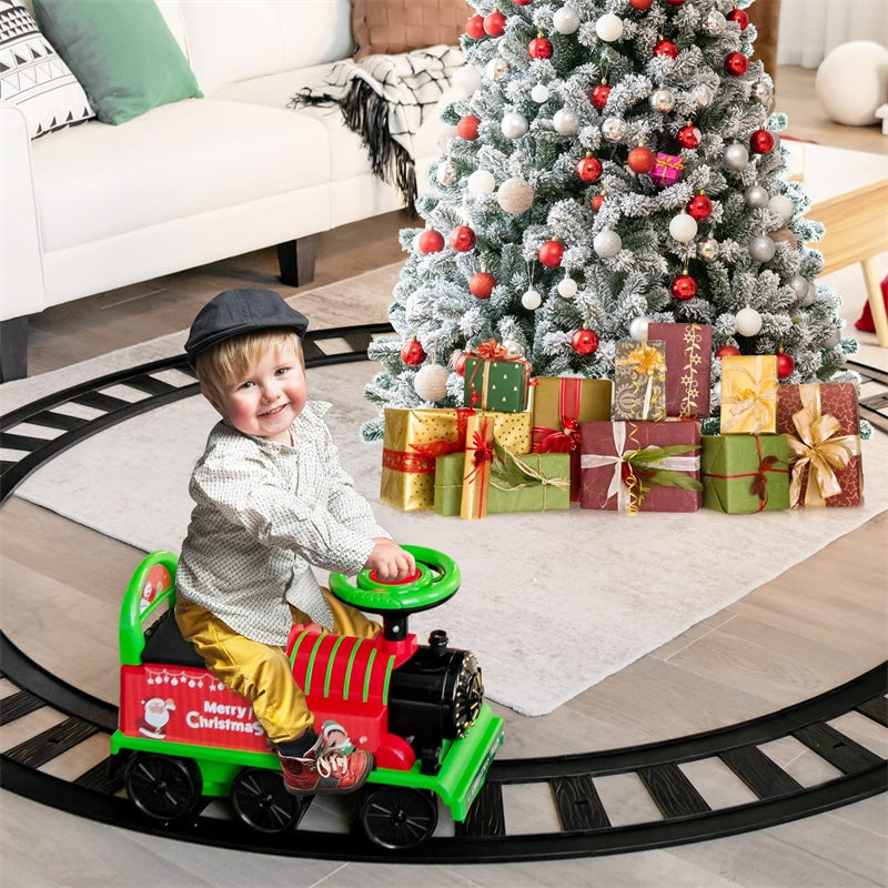 6V Electric Kids Ride On Train with Tracks, Storage Seat, Flashing Lights & Music, Battery Powered Ride-On Train Toy for Boys & Girls