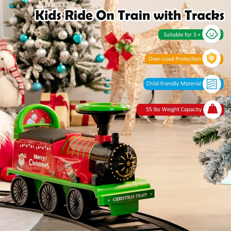 6V Electric Kids Ride On Train with Tracks, Storage Seat, Flashing Lights & Music, Battery Powered Ride-On Train Toy for Boys & Girls