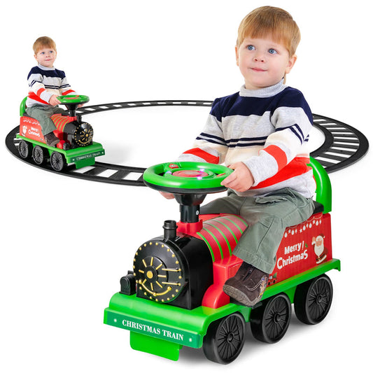 6V Electric Kids Ride On Train with Tracks, Storage Seat, Flashing Lights & Music, Battery Powered Ride-On Train Toy for Boys & Girls