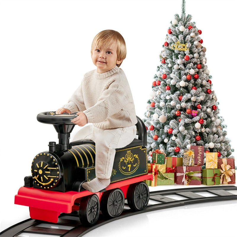 6V Electric Kids Ride On Train with Tracks, Storage Seat, Flashing Lights & Music, Battery Powered Ride-On Train Toy for Boys & Girls
