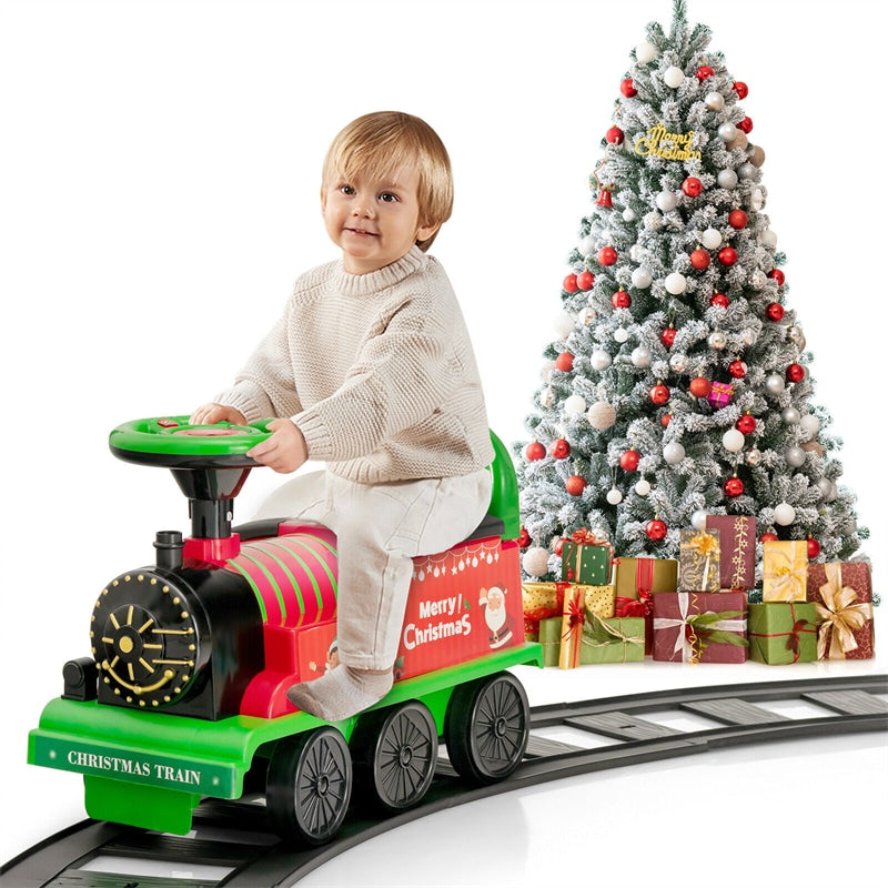 6V Electric Kids Ride On Train with Tracks, Storage Seat, Flashing Lights & Music, Battery Powered Ride-On Train Toy for Boys & Girls