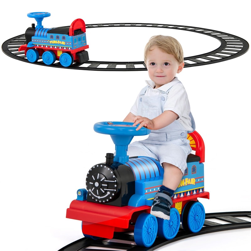 6V Electric Kids Ride On Train with Tracks, Storage Seat, Flashing Lights & Music, Battery Powered Ride-On Train Toy for Boys & Girls