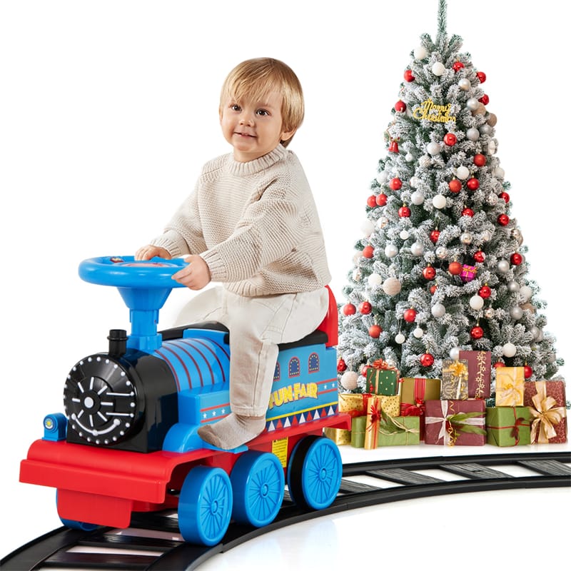6V Electric Kids Ride On Train with Tracks, Storage Seat, Flashing Lights & Music, Battery Powered Ride-On Train Toy for Boys & Girls
