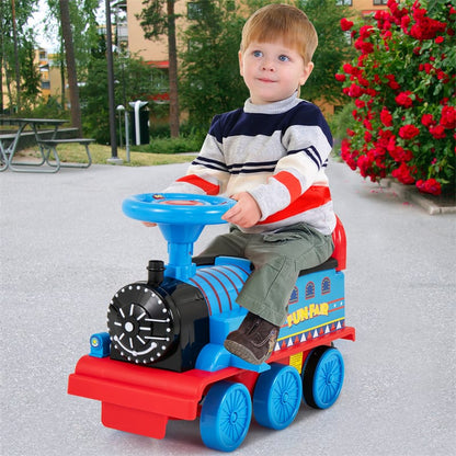 6V Electric Kids Ride On Train with Tracks, Storage Seat, Flashing Lights & Music, Battery Powered Ride-On Train Toy for Boys & Girls