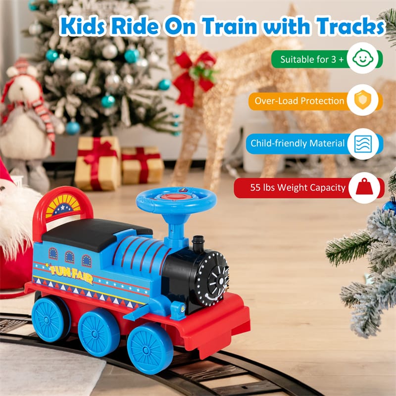 6V Electric Kids Ride On Train with Tracks, Storage Seat, Flashing Lights & Music, Battery Powered Ride-On Train Toy for Boys & Girls