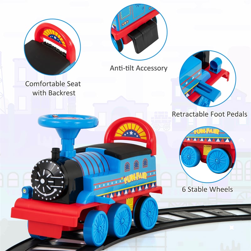6V Electric Kids Ride On Train with Tracks, Storage Seat, Flashing Lights & Music, Battery Powered Ride-On Train Toy for Boys & Girls