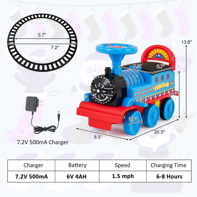 6V Electric Kids Ride On Train with Tracks, Storage Seat, Flashing Lights & Music, Battery Powered Ride-On Train Toy for Boys & Girls