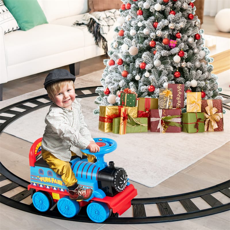6V Electric Kids Ride On Train with Tracks, Storage Seat, Flashing Lights & Music, Battery Powered Ride-On Train Toy for Boys & Girls