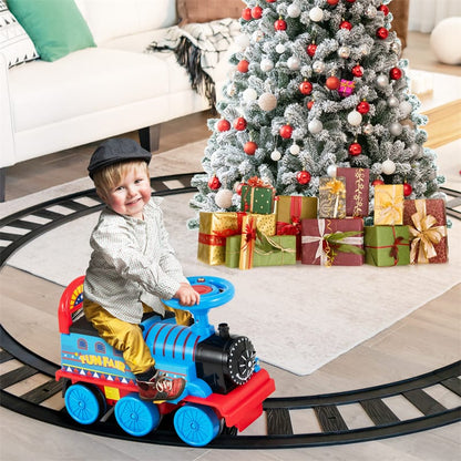 6V Electric Kids Ride On Train with Tracks, Storage Seat, Flashing Lights & Music, Battery Powered Ride-On Train Toy for Boys & Girls