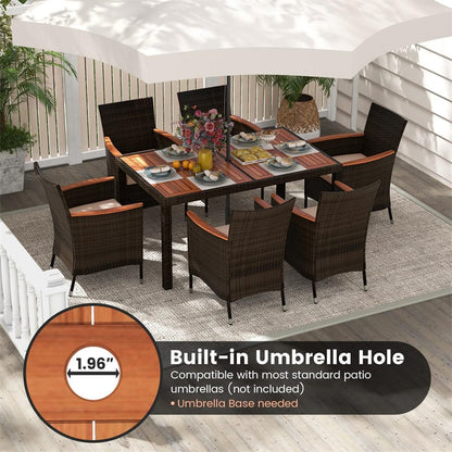 7 Piece Outdoor PE Rattan Dining Set with Umbrella Hole, Acacia Wood Table & Stackable Cushioned Chairs, Patio Dining Furniture for Garden, Backyard
