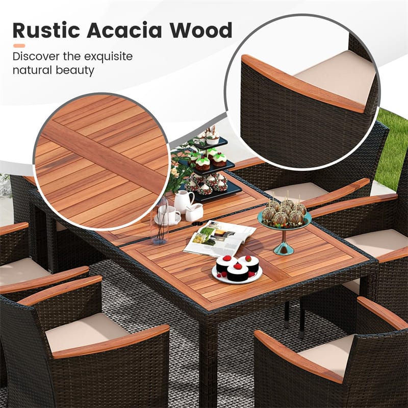 7 Piece Outdoor PE Rattan Dining Set with Umbrella Hole, Acacia Wood Table & Stackable Cushioned Chairs, Patio Dining Furniture for Garden, Backyard