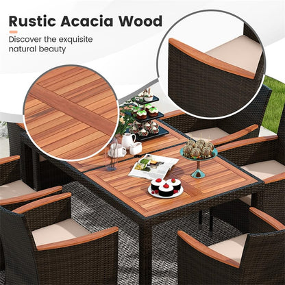 7 Piece Outdoor PE Rattan Dining Set with Umbrella Hole, Acacia Wood Table & Stackable Cushioned Chairs, Patio Dining Furniture for Garden, Backyard