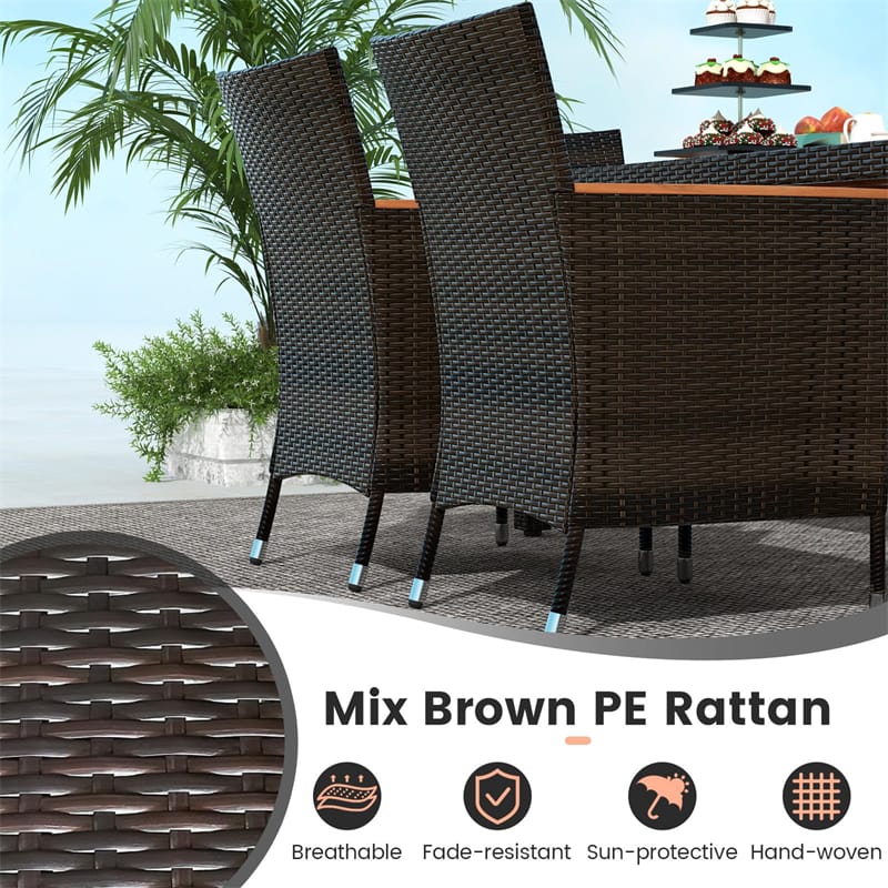 7 Piece Outdoor PE Rattan Dining Set with Umbrella Hole, Acacia Wood Table & Stackable Cushioned Chairs, Patio Dining Furniture for Garden, Backyard