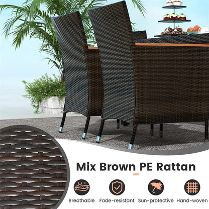 7 Piece Outdoor PE Rattan Dining Set with Umbrella Hole, Acacia Wood Table & Stackable Cushioned Chairs, Patio Dining Furniture for Garden, Backyard