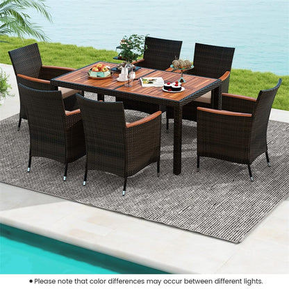 7 Piece Outdoor PE Rattan Dining Set with Umbrella Hole, Acacia Wood Table & Stackable Cushioned Chairs, Patio Dining Furniture for Garden, Backyard