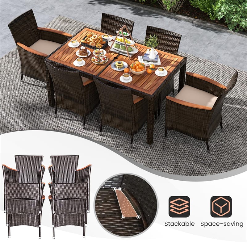 7 Piece Outdoor PE Rattan Dining Set with Umbrella Hole, Acacia Wood Table & Stackable Cushioned Chairs, Patio Dining Furniture for Garden, Backyard
