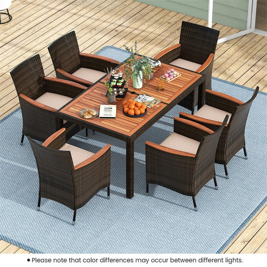 7 Piece Outdoor PE Rattan Dining Set with Umbrella Hole, Acacia Wood Table & Stackable Cushioned Chairs, Patio Dining Furniture for Garden, Backyard