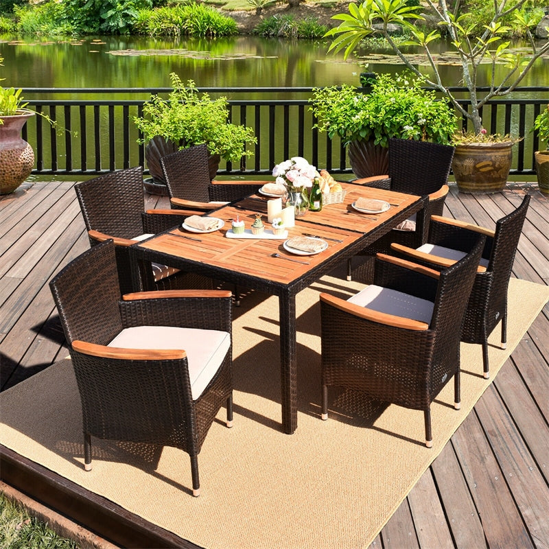 7 Piece Outdoor PE Rattan Dining Set with Umbrella Hole, Acacia Wood Table & Stackable Cushioned Chairs, Patio Dining Furniture for Garden, Backyard