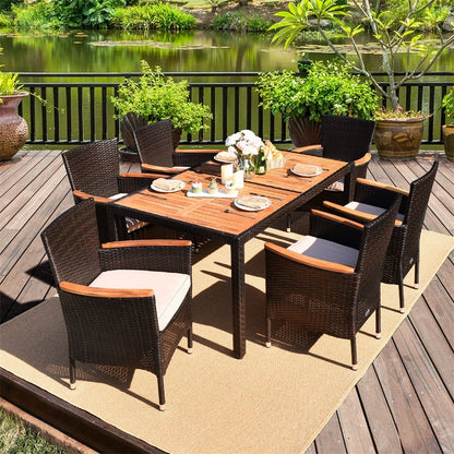 7 Piece Outdoor PE Rattan Dining Set with Umbrella Hole, Acacia Wood Table & Stackable Cushioned Chairs, Patio Dining Furniture for Garden, Backyard
