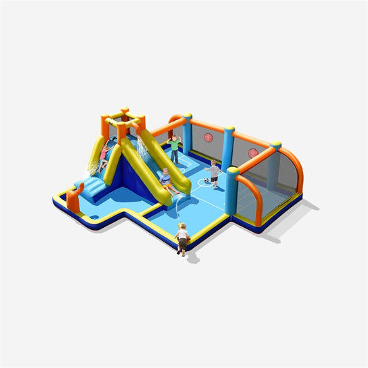 7-in-1 Inflatable Water Slide, Giant Water Park Wet Dry Combo with Soccer Splash Pool, Climb Wall, Dual Cannon for Backyard Kids Fun