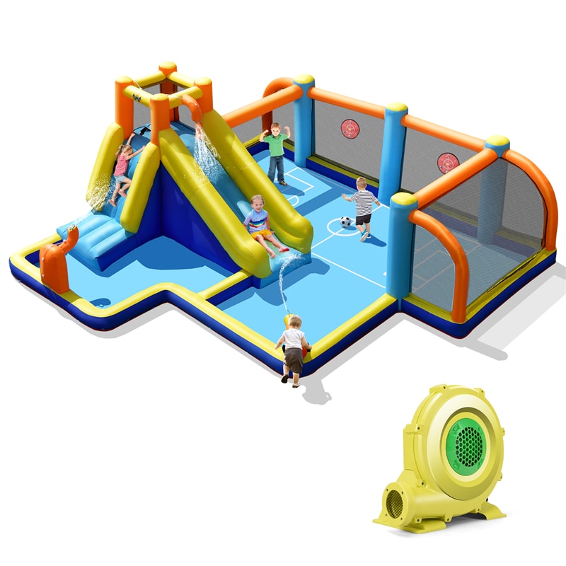 7-in-1 Inflatable Water Slide, Giant Water Park Wet Dry Combo with Soccer Splash Pool, Climb Wall, Dual Cannon for Backyard Kids Fun