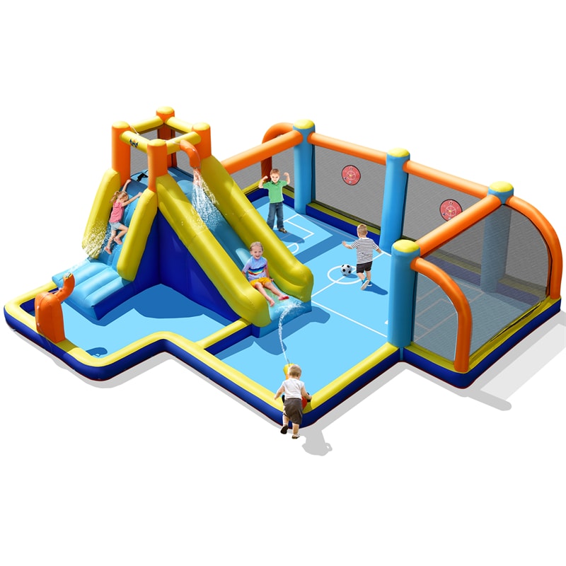 7-in-1 Inflatable Water Slide, Giant Water Park Wet Dry Combo with Soccer Splash Pool, Climb Wall, Dual Cannon for Backyard Kids Fun