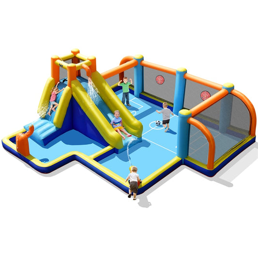 7-in-1 Inflatable Water Slide, Giant Water Park Wet Dry Combo with Soccer Splash Pool, Climb Wall, Dual Cannon for Backyard Kids Fun