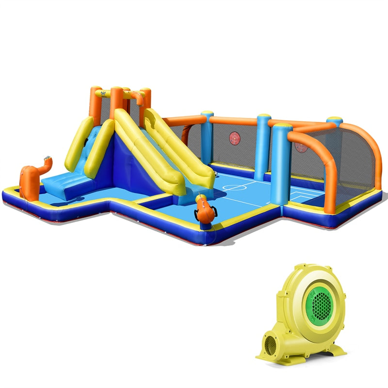 7-in-1 Inflatable Water Slide, Giant Water Park Wet Dry Combo with Soccer Splash Pool, Climb Wall, Dual Cannon for Backyard Kids Fun