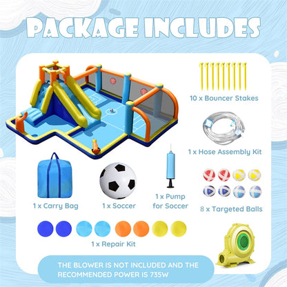7-in-1 Inflatable Water Slide, Giant Water Park Wet Dry Combo with Soccer Splash Pool, Climb Wall, Dual Cannon for Backyard Kids Fun