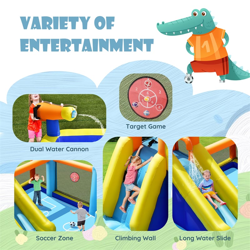 7-in-1 Inflatable Water Slide, Giant Water Park Wet Dry Combo with Soccer Splash Pool, Climb Wall, Dual Cannon for Backyard Kids Fun