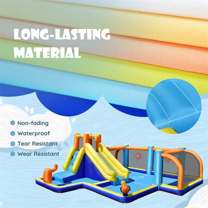 7-in-1 Inflatable Water Slide, Giant Water Park Wet Dry Combo with Soccer Splash Pool, Climb Wall, Dual Cannon for Backyard Kids Fun