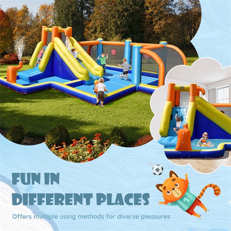 7-in-1 Inflatable Water Slide, Giant Water Park Wet Dry Combo with Soccer Splash Pool, Climb Wall, Dual Cannon for Backyard Kids Fun