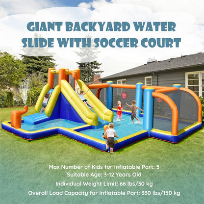 7-in-1 Inflatable Water Slide, Giant Water Park Wet Dry Combo with Soccer Splash Pool, Climb Wall, Dual Cannon for Backyard Kids Fun