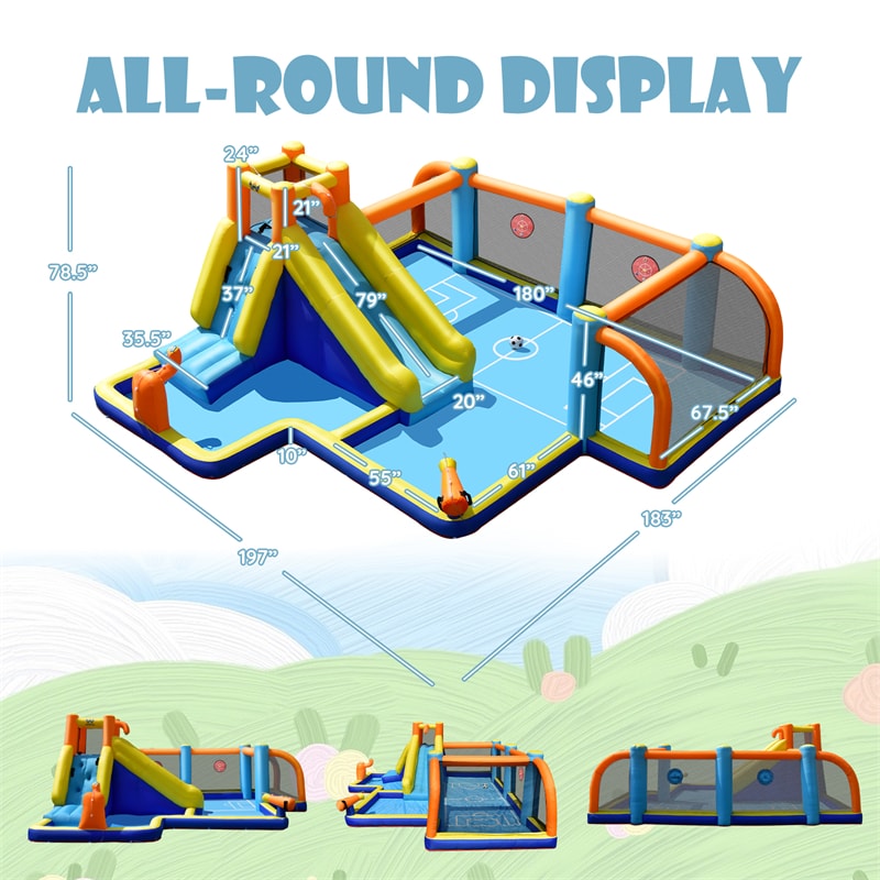7-in-1 Inflatable Water Slide, Giant Water Park Wet Dry Combo with Soccer Splash Pool, Climb Wall, Dual Cannon for Backyard Kids Fun
