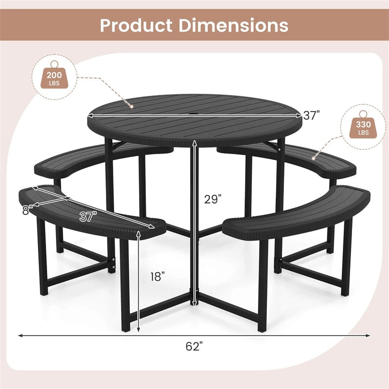 8 Person Round Outdoor Picnic Table Bench Set with Umbrella Hole, HDPE Tabletop, Metal Frame & 2000lbs Capacity for Patio, Garden, Lawn